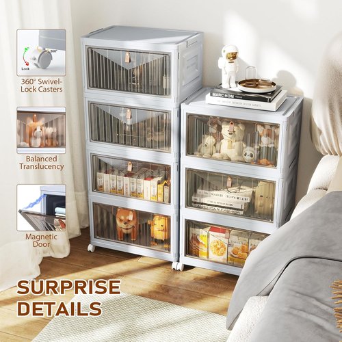 4 Tier Stackable Storage Bins by [Brand Name] - 23 QT Plastic Organizers with Lid & Wheels | Grey Foldable Containers for Home, Craft & Pantry