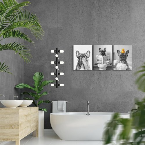 LUKIPOM French Bulldog Wall Art - Funny Canvas Prints Set of 3 for Bathroom Decor | 11x14 Inch Framed