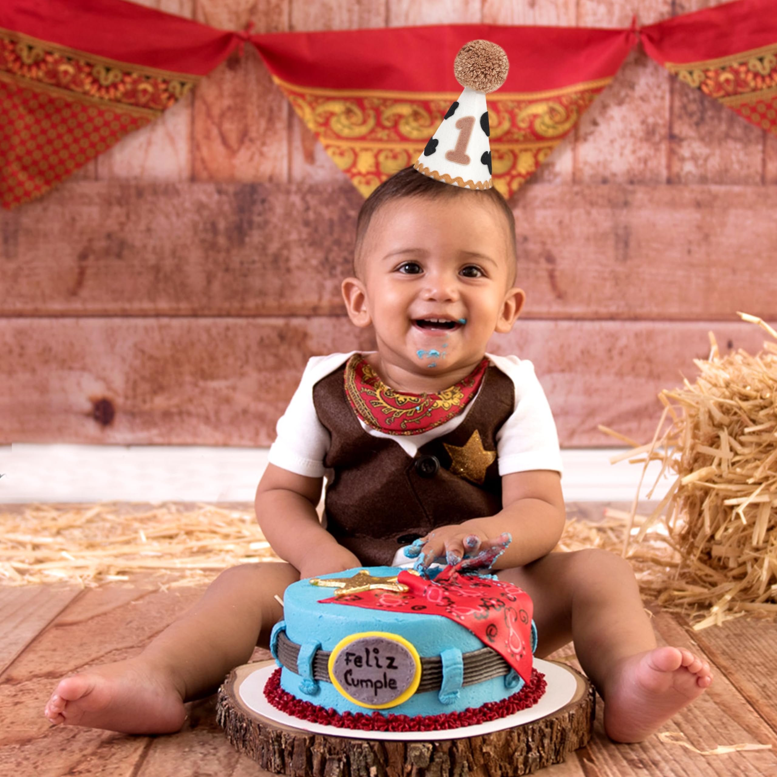 MAMUXI Cow Print 1st Birthday Hat - Cowboy One Birthday Decorations, My First Rodeo Party Cone Hat, Little Cowboy Smash Cake Photo Props, Western Farm Cow Party Cap (Cowboy Birthday Hat)