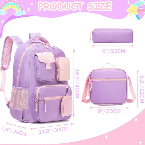 ZBAOGTW Girls Backpack with Lunch Box Backpacks for Girls 8-10 Backpack for School Purple Bookbag for School Kids Elementary Kids Backpack for School Backpack Travel Bag