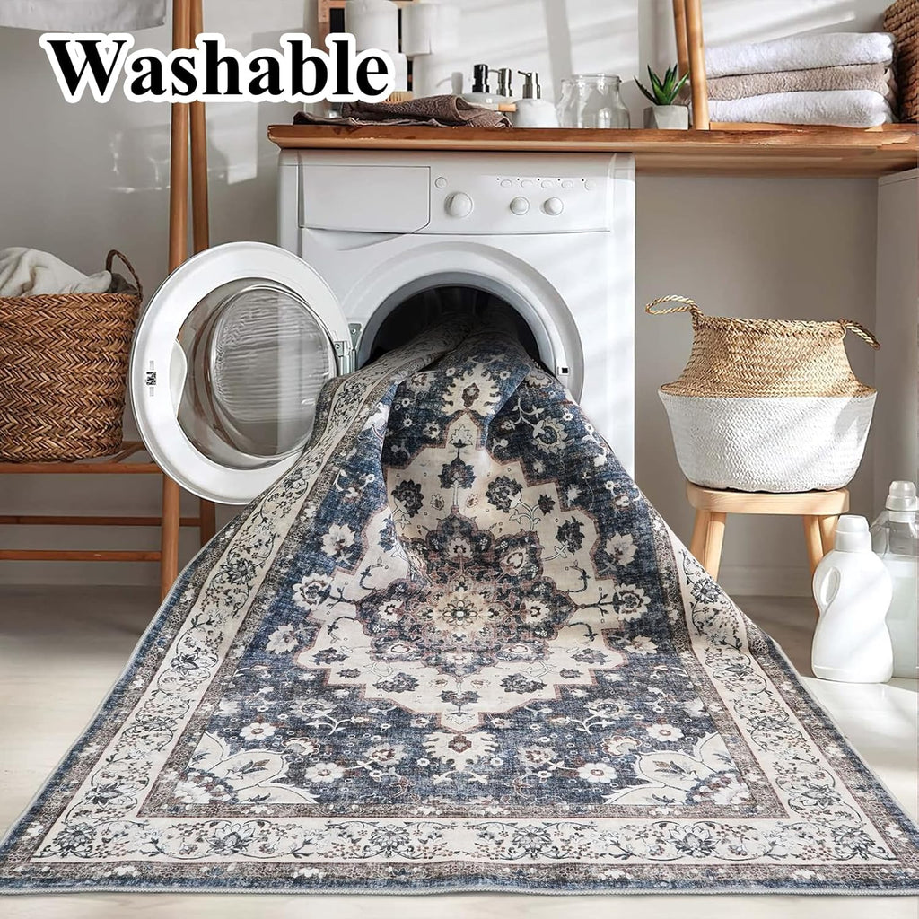Skiennix Washable 3x12 Hallway Runner Rug - Floral Non-Slip Entryway Carpet | Stain Resistant Blue Mat