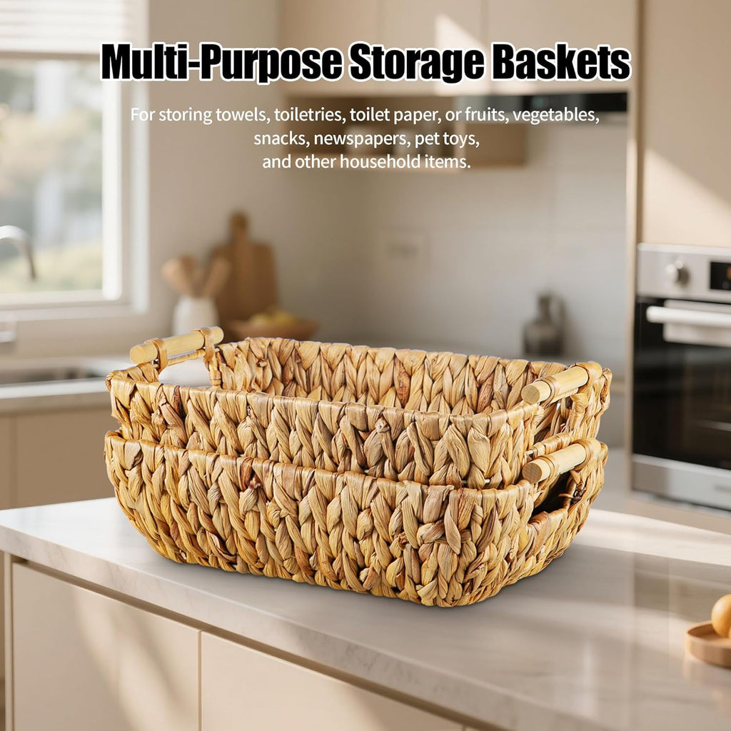 Mowtanco Woven Storage Baskets - Handwoven Water Hyacinth Baskets with Wooden Handles | Set of 2 Medium