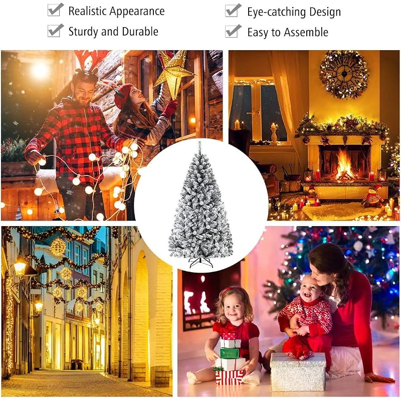 9FT Snow Christmas Tree - Artificial Flocked Hinged Pine with Metal Stand, Full Indoor/Outdoor Xmas Tree (Variation: 9ft)