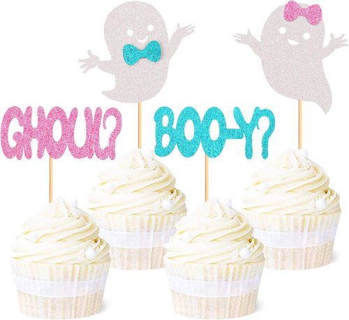 Ercadio 24 Pack Halloween Cupcake Toppers - Glitter Ghost Picks for Baby Showers & Gender Reveals