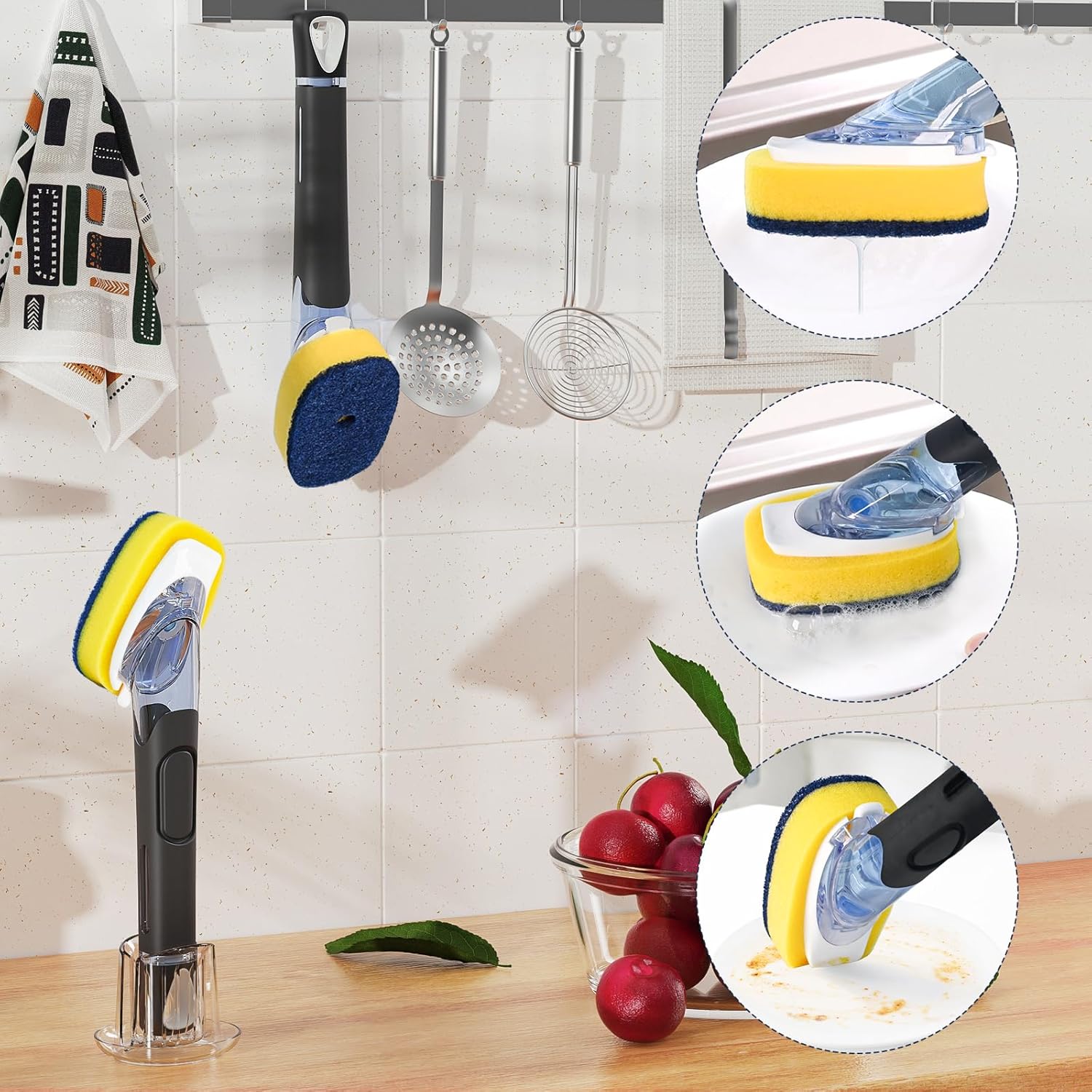 Skiennix Dish Brush Set - Soap Dispenser with 2 Sponge Refills & Holder | Ideal for Pots, Pans, and Dishes
