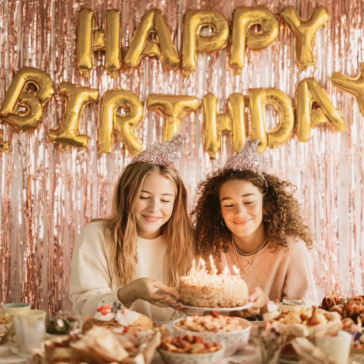 PartyWoo Rose Gold Foil Fringe Curtains - 8.2ft Tinsel Backdrop for 21st Birthday & Bridal Showers
