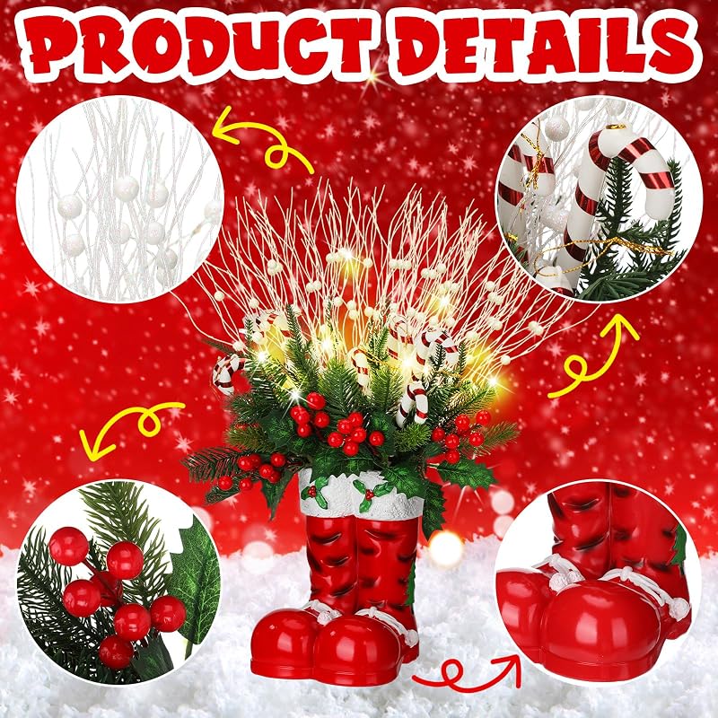 Christmas Santa Boot Vase with Tree & Candy Cane Lights - 25 Inch Decor