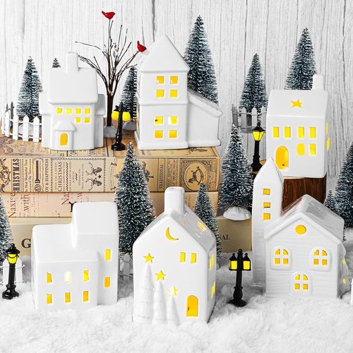 Fovths Christmas Village Set - 37-Piece Lighted Porcelain Houses with Remote Control LED Tealights & Accessories