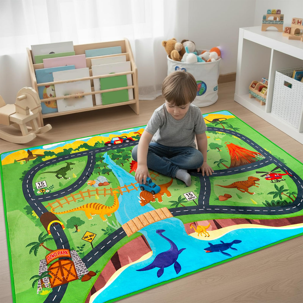 Car Rugs for Kids Toy,78.7"X59" Dinosaur Road Rugfor Kids,Non Slip Dino Safari Cars Track Rug,Washable Kids Carpet Playmat Rug for Playroom Bedroom Boys,Track Play Carpet for Kid