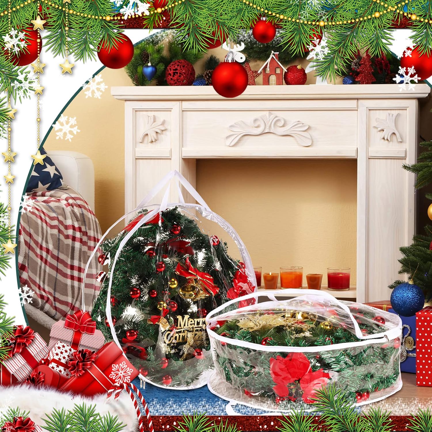 Shappy Clear Christmas Wreath Storage Container - 24 Inch Wreath Bag with Dual Zippers & Reinforced Handles