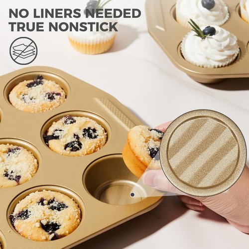HONGBAKE 9-Piece Non-Stick Baking Pans Set - Wave Texture for Reduced Oil, 0.8mm Thick Bakeware, Gold