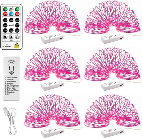 HXWEIYE 6 Pack Rechargeable Fairy Lights - 20 LED Twinkle String Lights with Remote & DIY Timer | 7ft Pink for Weddings & Parties