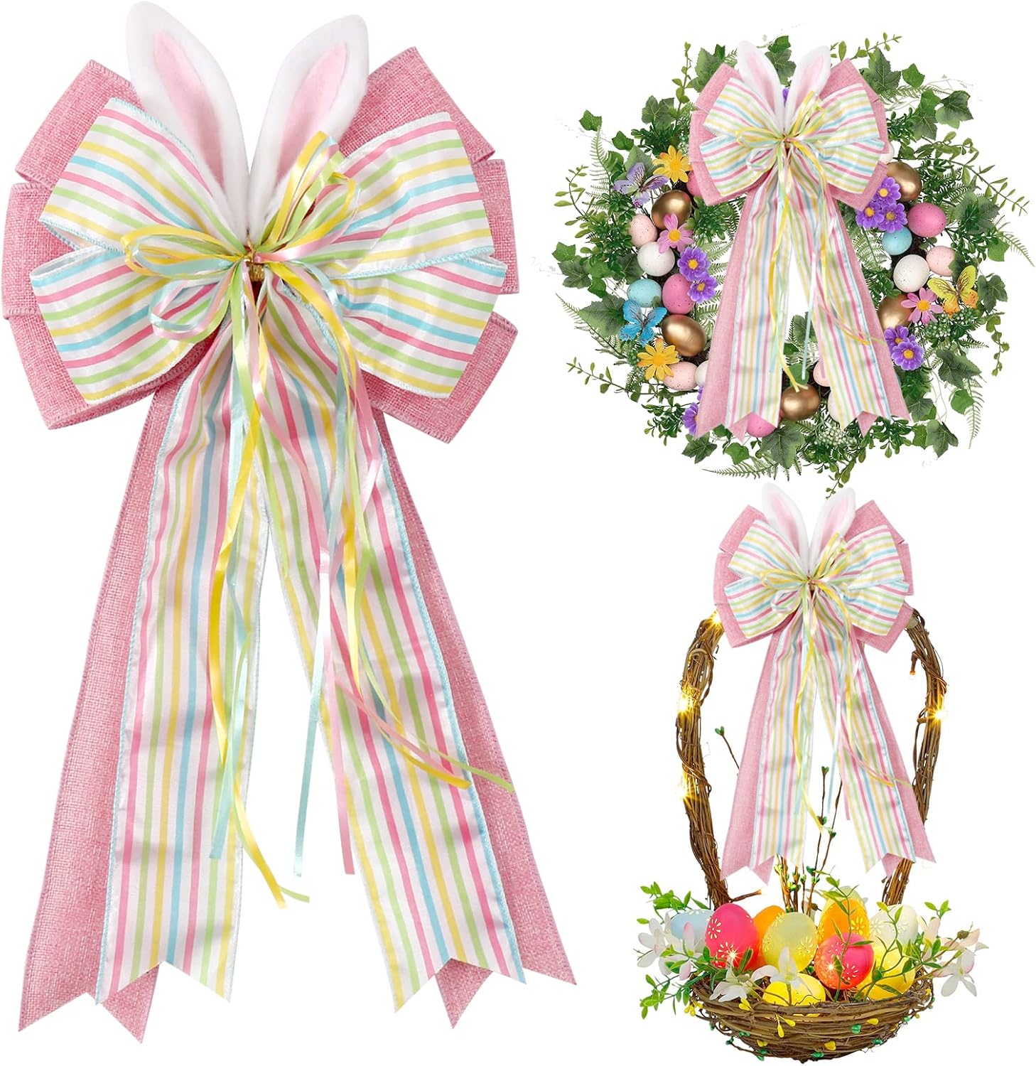 Skiennix Easter Bows for Wreaths - Decorative Pink Burlap Bow with Bunny Ears for Spring Decor