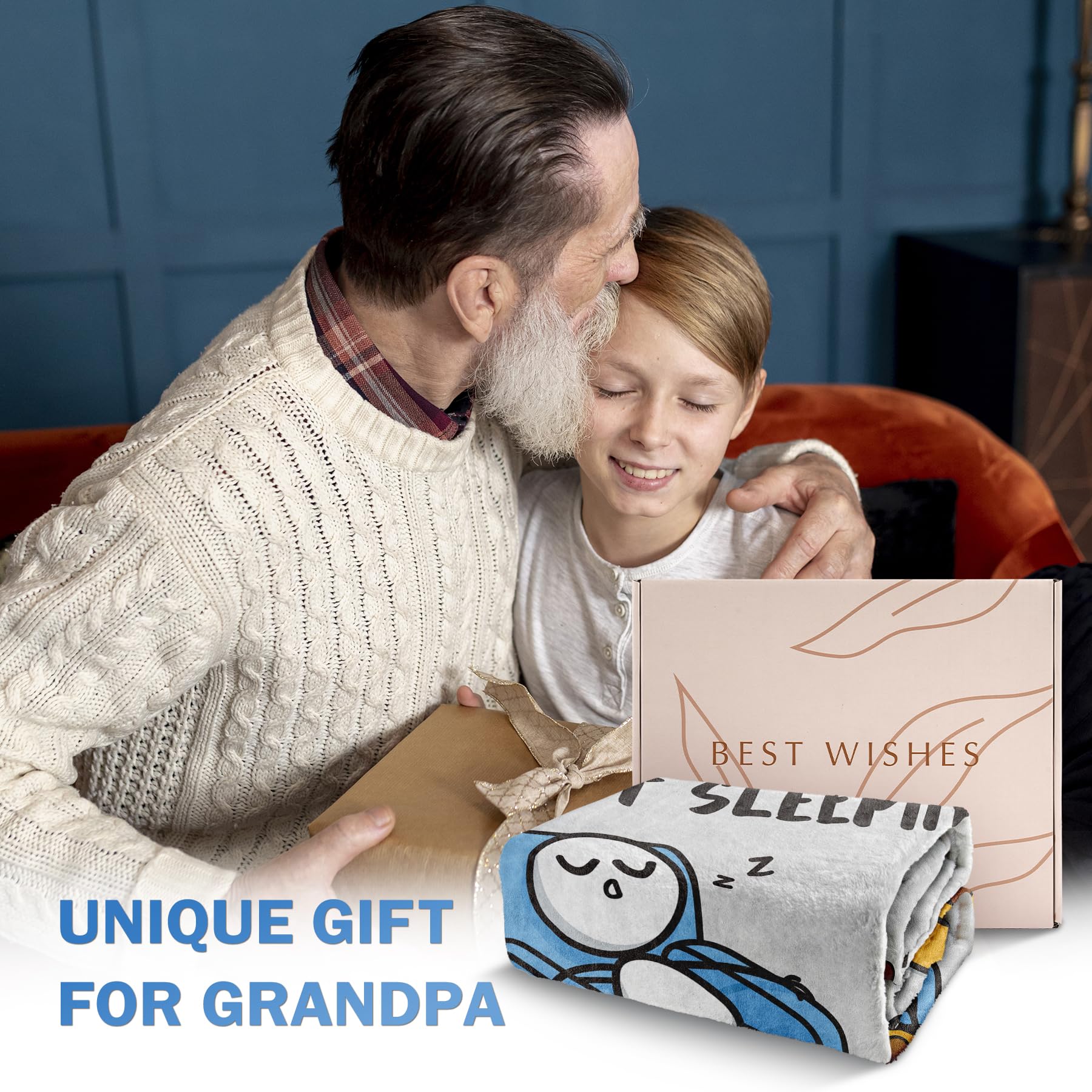 GoMelley Funny Fathers Day Grandpa Gifts, Grandpas Birthday Gift from Grandkids, Grandpa is Not Sleeping Blanket, Super Soft Throws Blanket for Napping, Promoted to Grandpas Gifts, 60" x 50"(Gray)