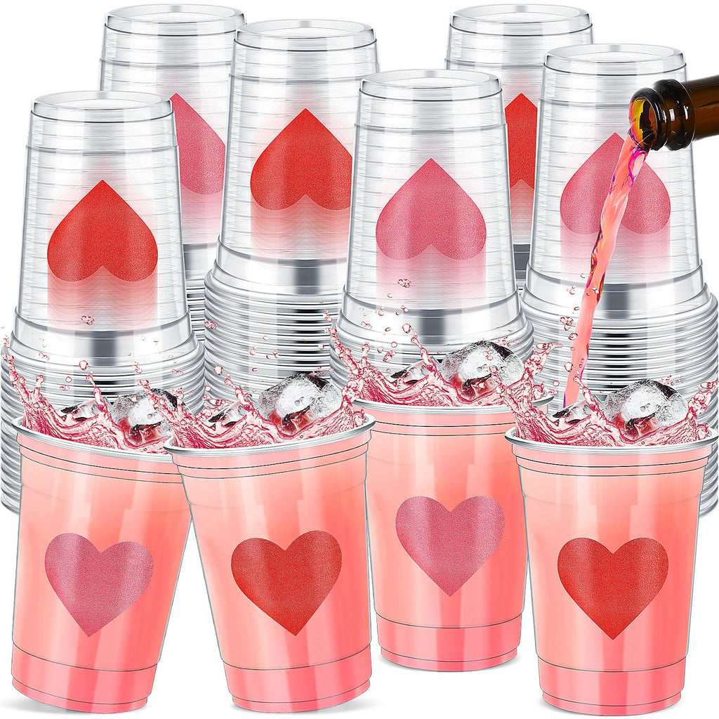 Moinchore 100 Pcs 12 oz Valentines Heart Plastic Cups Clear Disposable Heart Wine Cups Bulk for Galentine's Day Iced Coffee Drinking Ice Cream Wedding Party Supplies (Pink,Red)