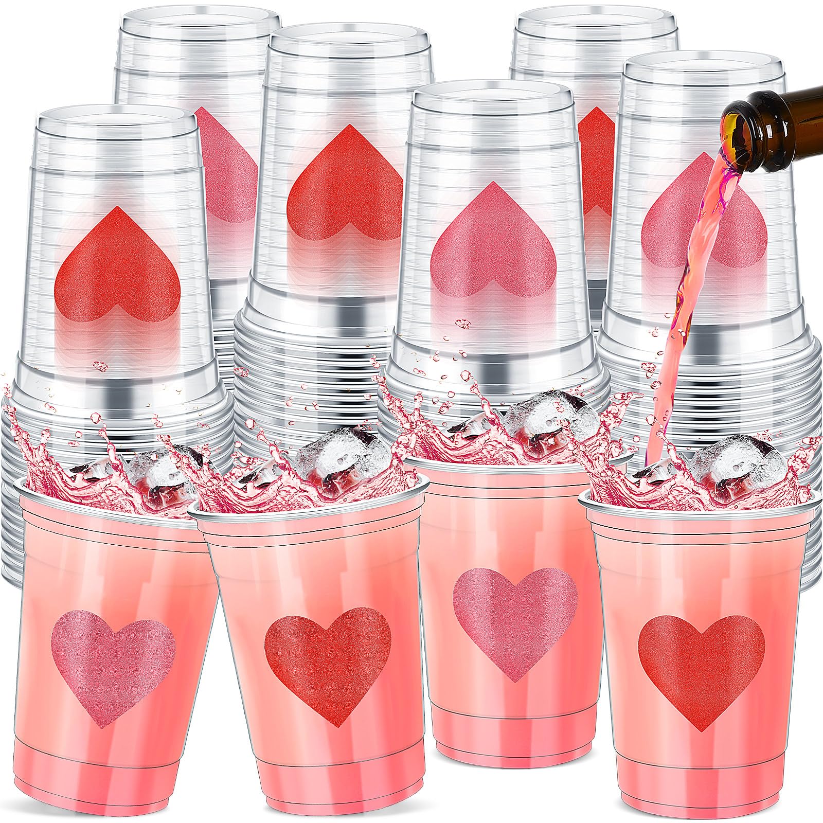Moinchore 100 Pcs 12 oz Valentines Heart Plastic Cups Clear Disposable Heart Wine Cups Bulk for Galentine's Day Iced Coffee Drinking Ice Cream Wedding Party Supplies (Pink,Red)