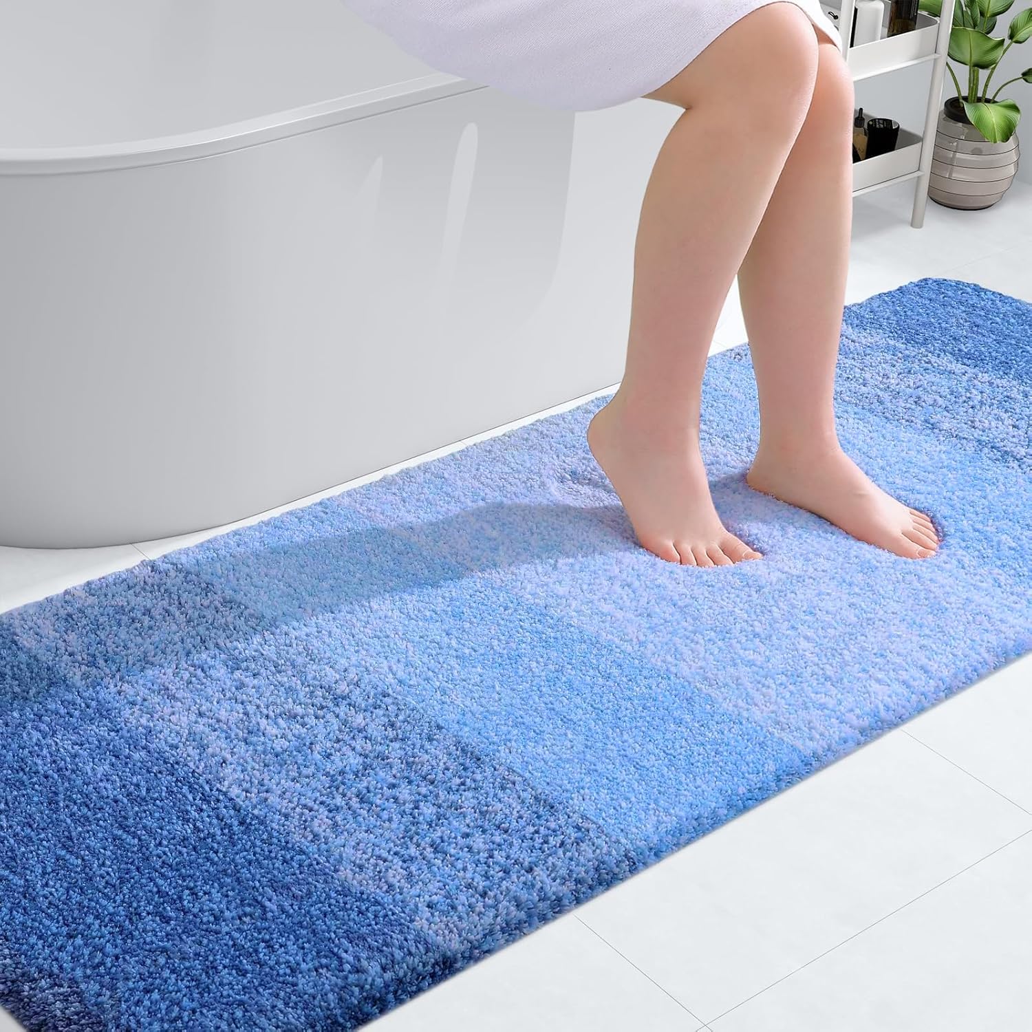 OLANLY Bathroom Runner Rug - Extra Soft Microfiber Mat | Quick Dry, Rubber Backing, 70x24, Light Royal Blue