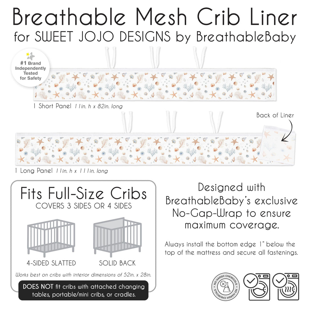 Sweet Jojo Designs + BreathableBaby 2-Piece Breathable Mesh Crib Liner Set (Ocean Seashells) for Boys/Girls, Baby, Infants/Newborn Nursery (Nautical, Beach Theme, Watercolor, Starfish, Coastal, Sea)