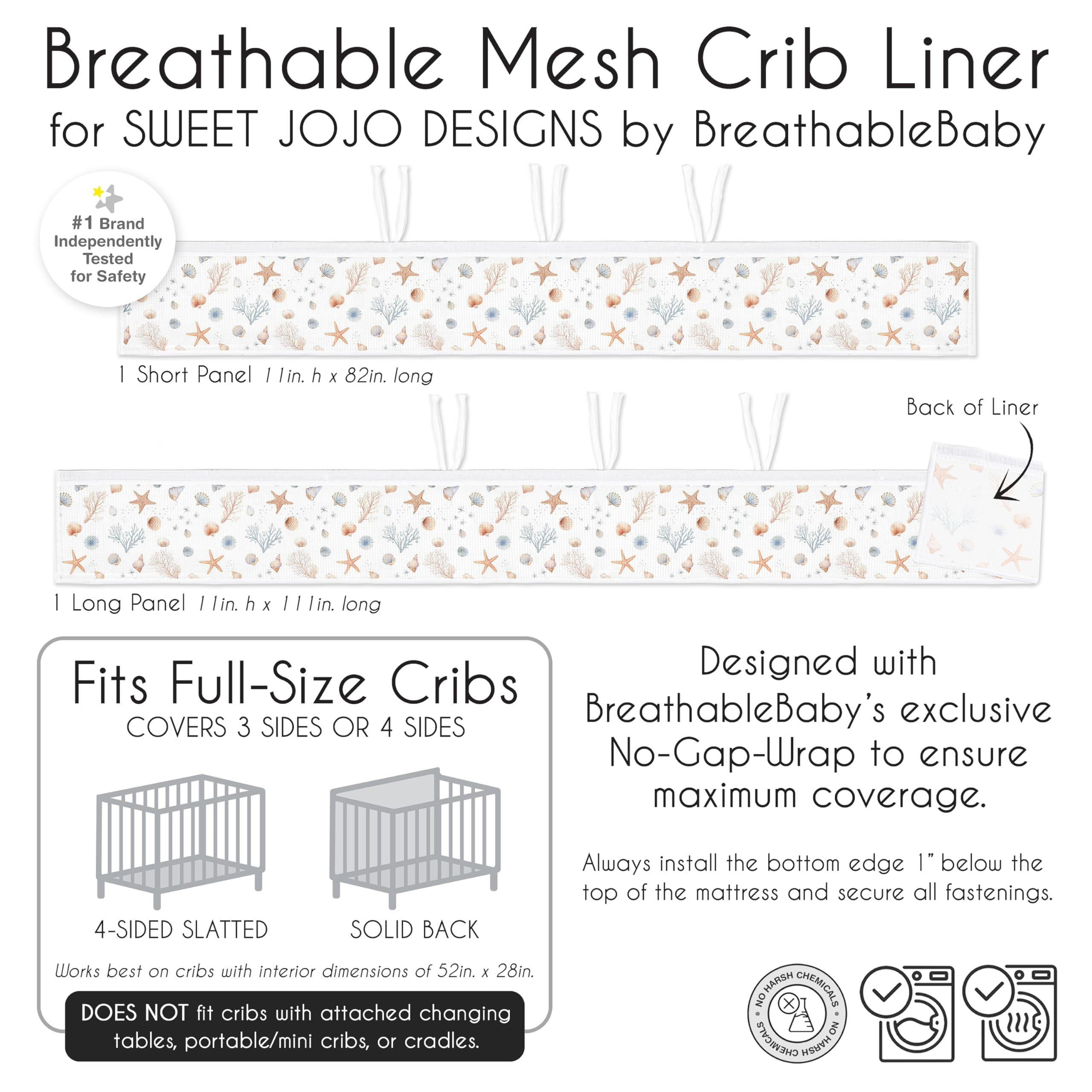 Sweet Jojo Designs + BreathableBaby 2-Piece Breathable Mesh Crib Liner Set (Ocean Seashells) for Boys/Girls, Baby, Infants/Newborn Nursery (Nautical, Beach Theme, Watercolor, Starfish, Coastal, Sea)
