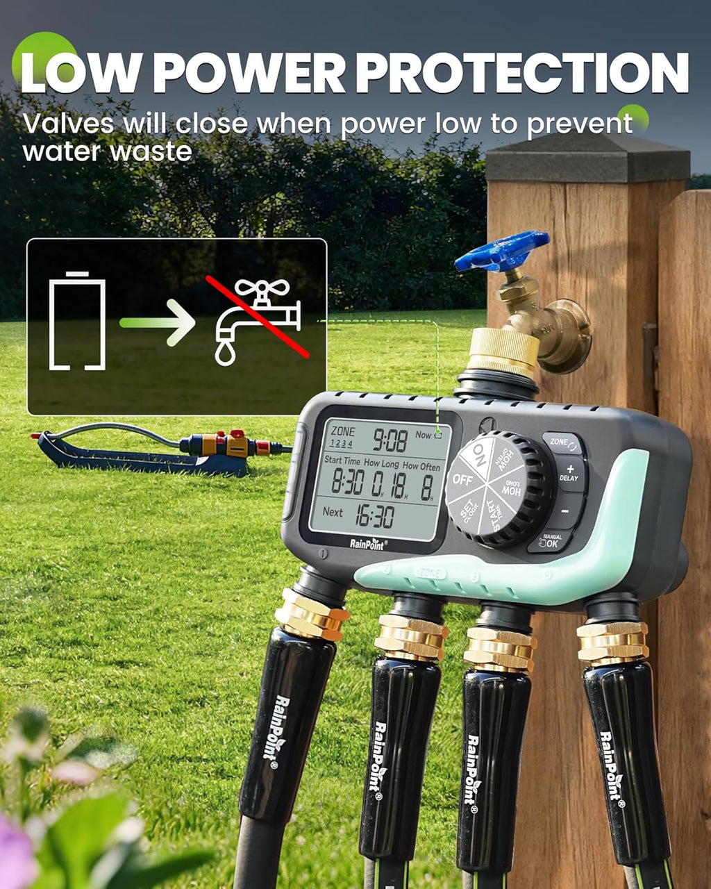 RAINPOINT 4-Zone Sprinkler Timer - Digital Watering System with Rain Delay & Manual Control for Garden Hose