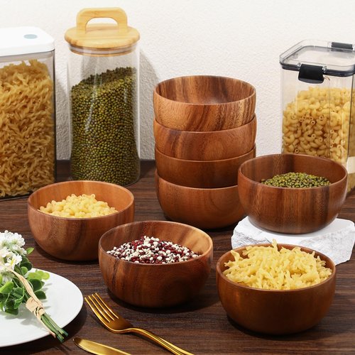 Skylety 12 Pcs 5in Acacia Wooden Bowls Small Calabash Bowls Round Wood Salad Hand Carved Calabash Dip Tray for Serving Popcorn Pasta Candy Cereal Coconut Nuts Sauce Appetizers Kitchen