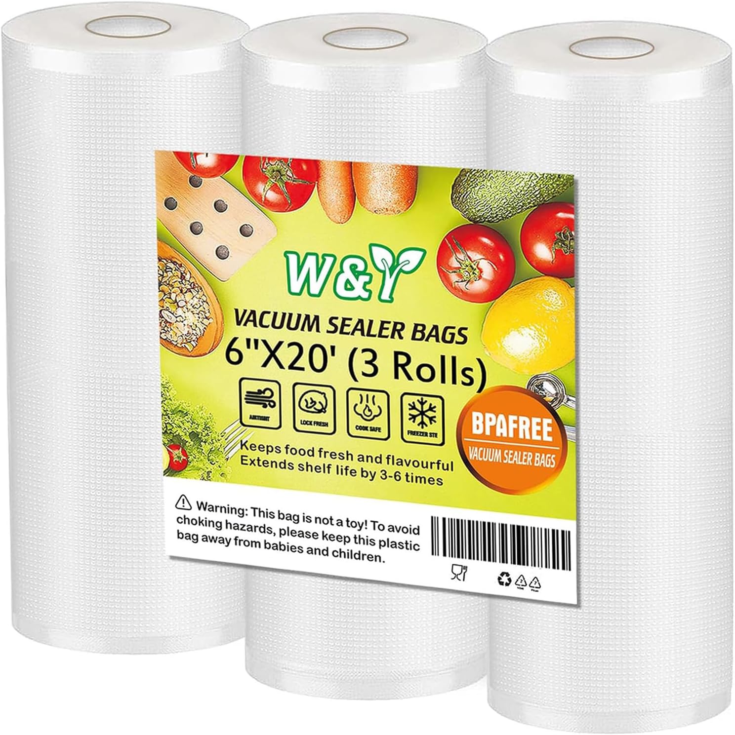 W&Y Vacuum Sealer Rolls - BPA-Free Commercial Grade 6” x 20’ Bags for Freezer Storage & Sous Vide