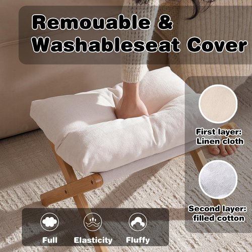 Baveke Ottoman Foot Rest- Bamboo Foldable Stool, Foot Stools Small Ottman with Upholstered & X Legs, Folding Shoe Bench, Bedroom and Living Room (Small Beige)