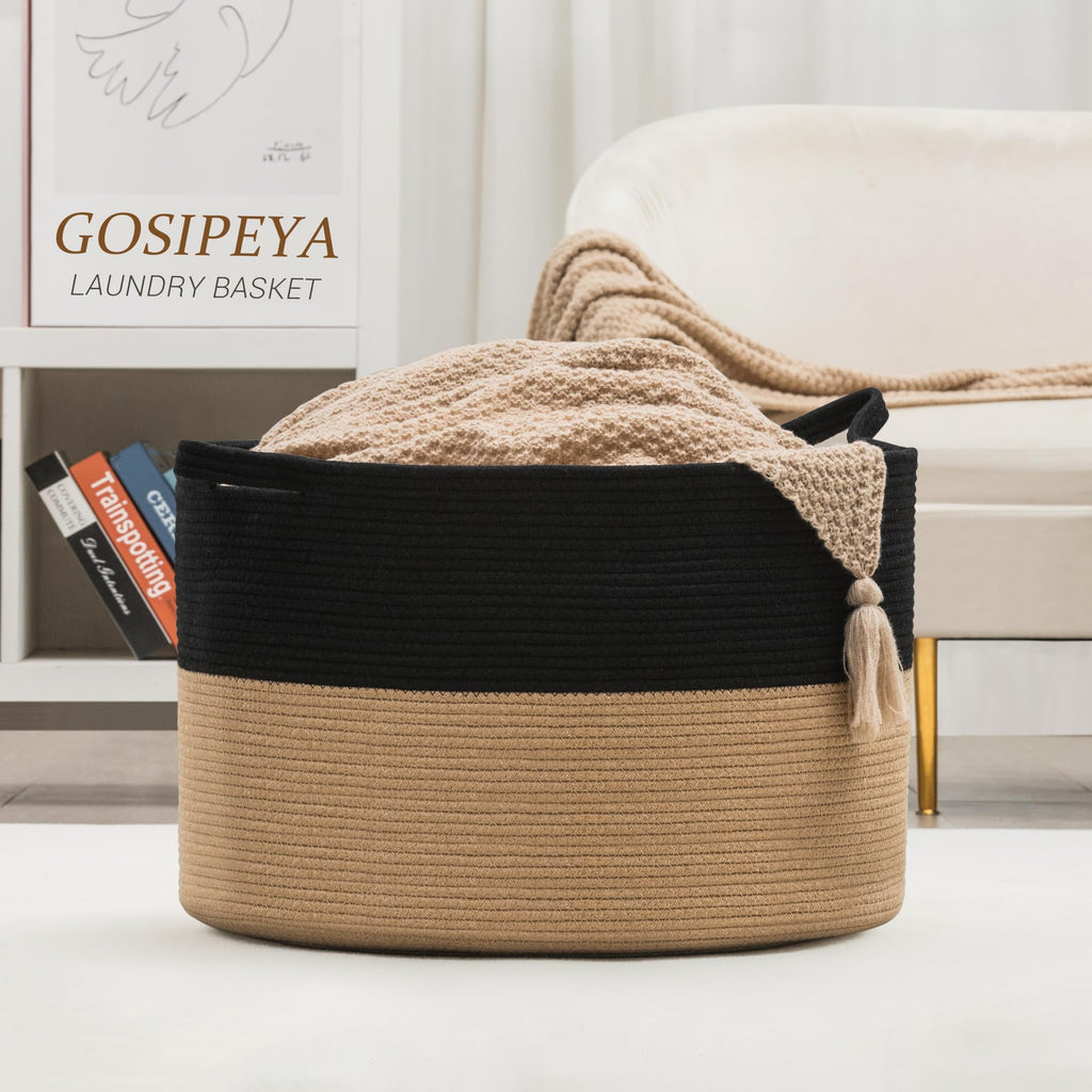 Gosipeya XXXLarge Woven Cotton Rope Basket (21.7" x 13.8") – Blanket Basket for Living Room, Laundry Hamper, Baby Laundry Hamper, Toy Storage, Pillows & Cushions Organizer (Black&Brown)