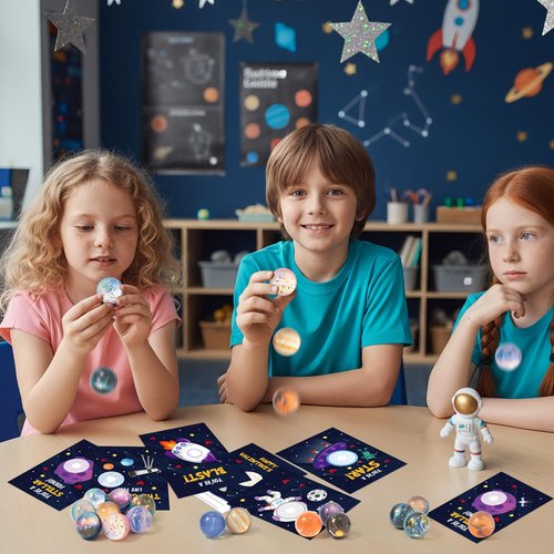 TICIAGA Valentine’s Day Space Exchange Gift - 24 Pack Galaxy Astronaut Greeting Card with Space Bounce Ball and Bag Bulk for Kid, Planet Galaxy Fidget Toy for Valentine Goodie Bag Stuffers Party Favor
