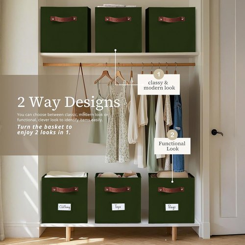 DECOMOMO Storage Cubes - 13x13x13 Fabric Organizer Bins with Labels | Set of 6 in Olive Green