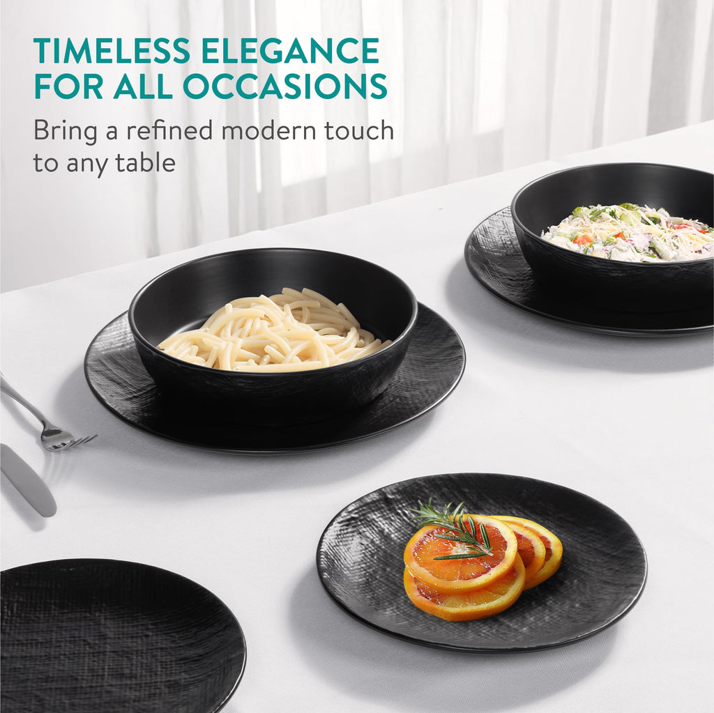 Navaris Linen Artisan Stoneware Dinnerware Set (18 Pieces) - Dishwasher & Microwave Safe Plates & Bowls for 6 with Dinner, Side Plates & Pasta Bowls - Charcoal Black