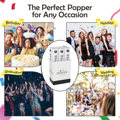 Clover Products LLC 12" Biodegradable Confetti Cannons | 6 Pack Confetti Poppers for Weddings, Birthdays & Parties | Air-Powered Party Poppers Shoot 25 Feet | Safe for Indoor & Outdoor