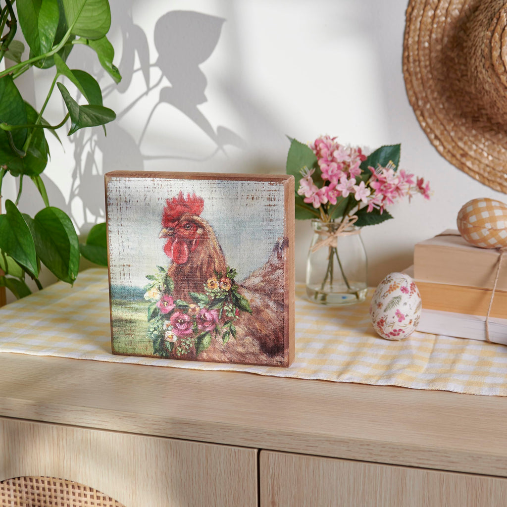 Primitives by Kathy Spring Floral Chicken Sign for Home Décor, Natural Wood Block Sign, Rustic Style with Distressed Details, Hand Painted Art, 6 by 6 Inches, Designed for Wall or Tabletop Display