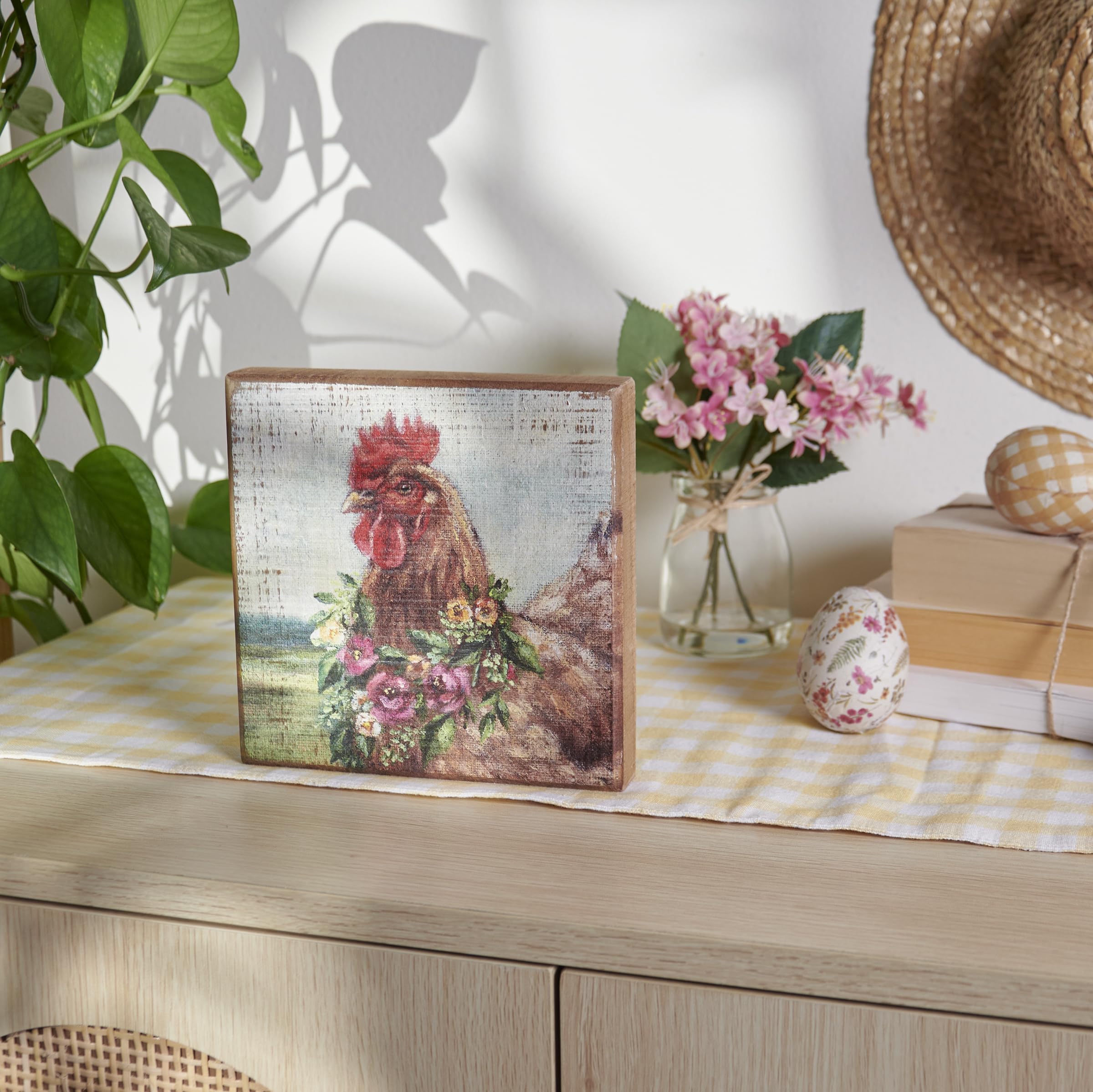 Primitives by Kathy Spring Floral Chicken Sign for Home Décor, Natural Wood Block Sign, Rustic Style with Distressed Details, Hand Painted Art, 6 by 6 Inches, Designed for Wall or Tabletop Display