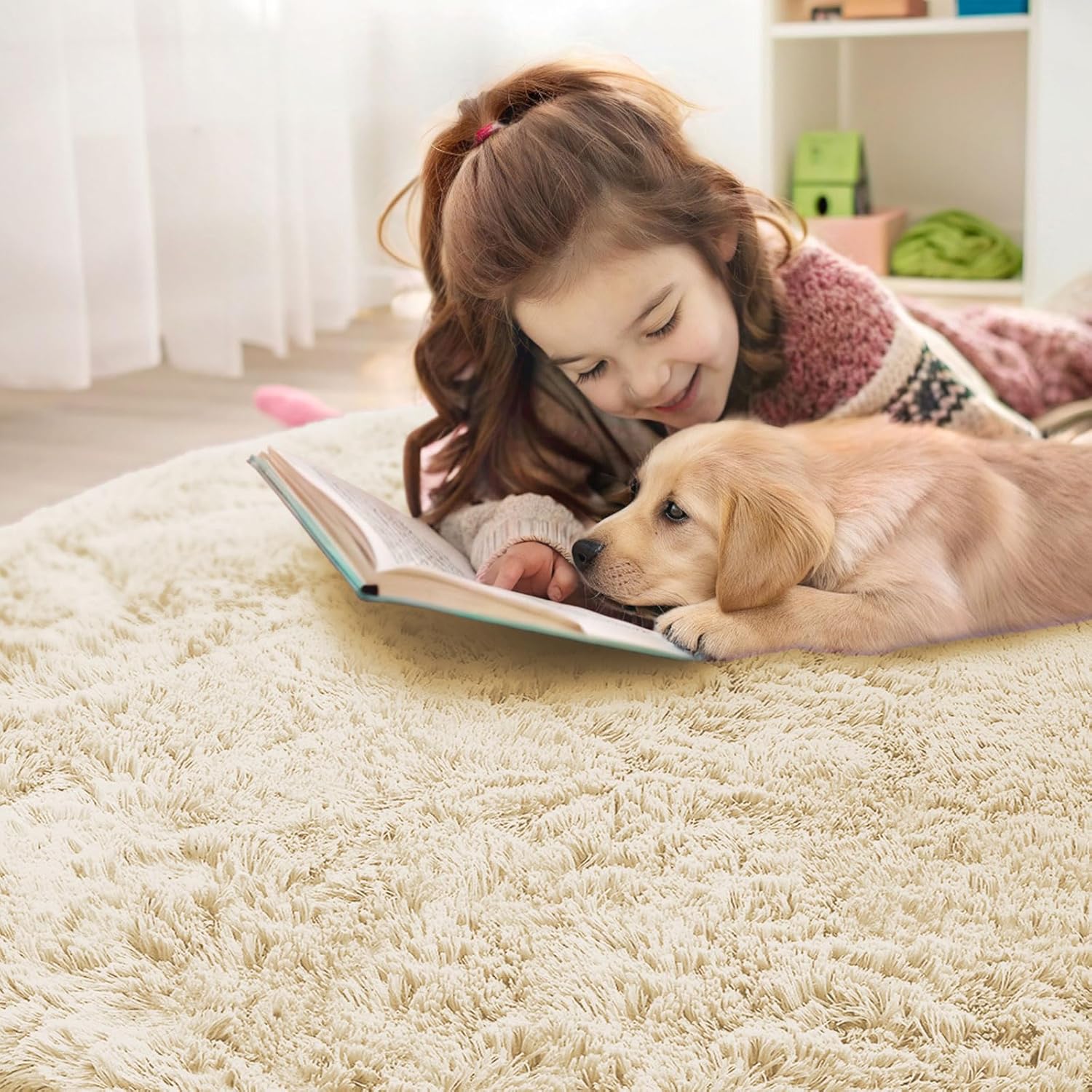 OLANLY Round Cream Area Rug - Soft, Fluffy, Machine Washable 6 ft Circle Carpet for Bedroom & Living Room Decor