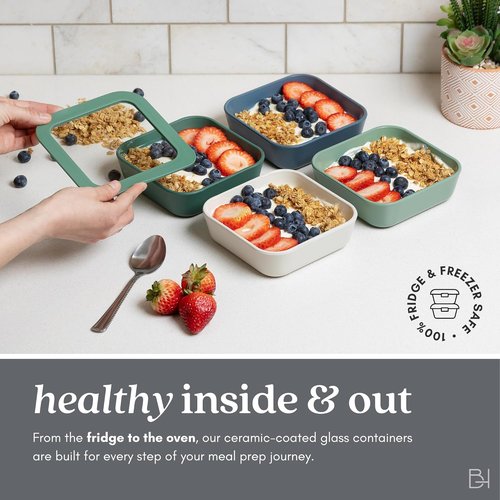 Crema Ceramic Coated Glass Food Storage Containers - Non-Toxic, BPA-Free | 10-Piece Meal Prep Set