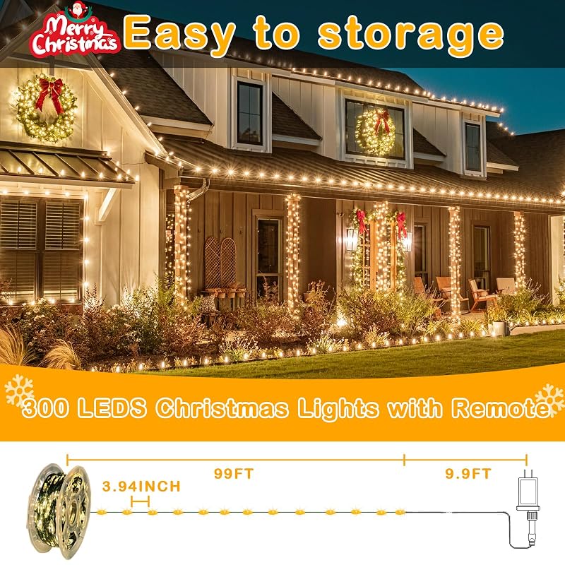 Decute 300LED 99FT Green Wire Christmas String Lights with Remote - Dimmable, UL Listed