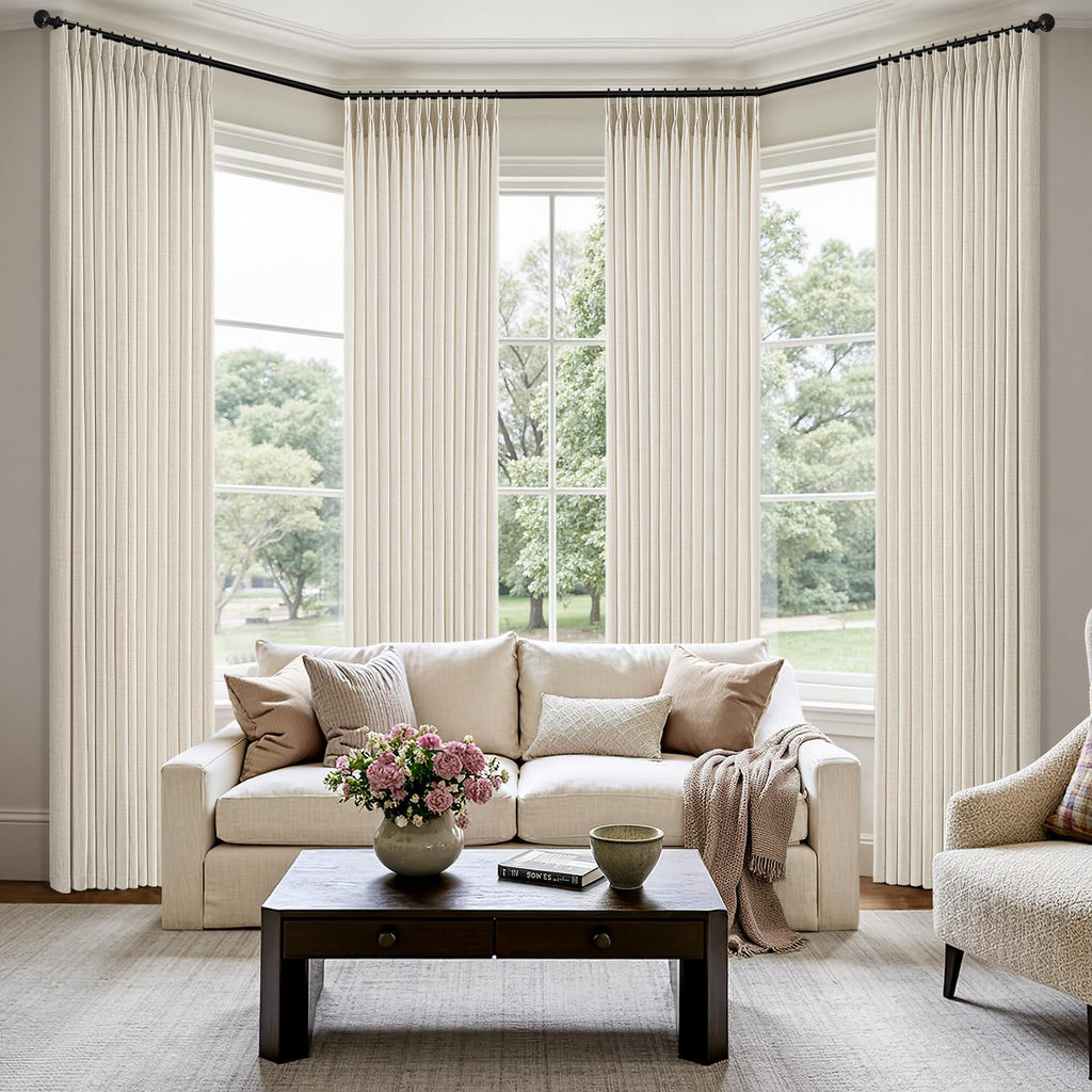 MIULEE Pinch Pleated Thick Linen Curtains - 90-Inch Ivory Cream Semi-Sheer Drapes | 4 Panels for Living Room & Bedroom