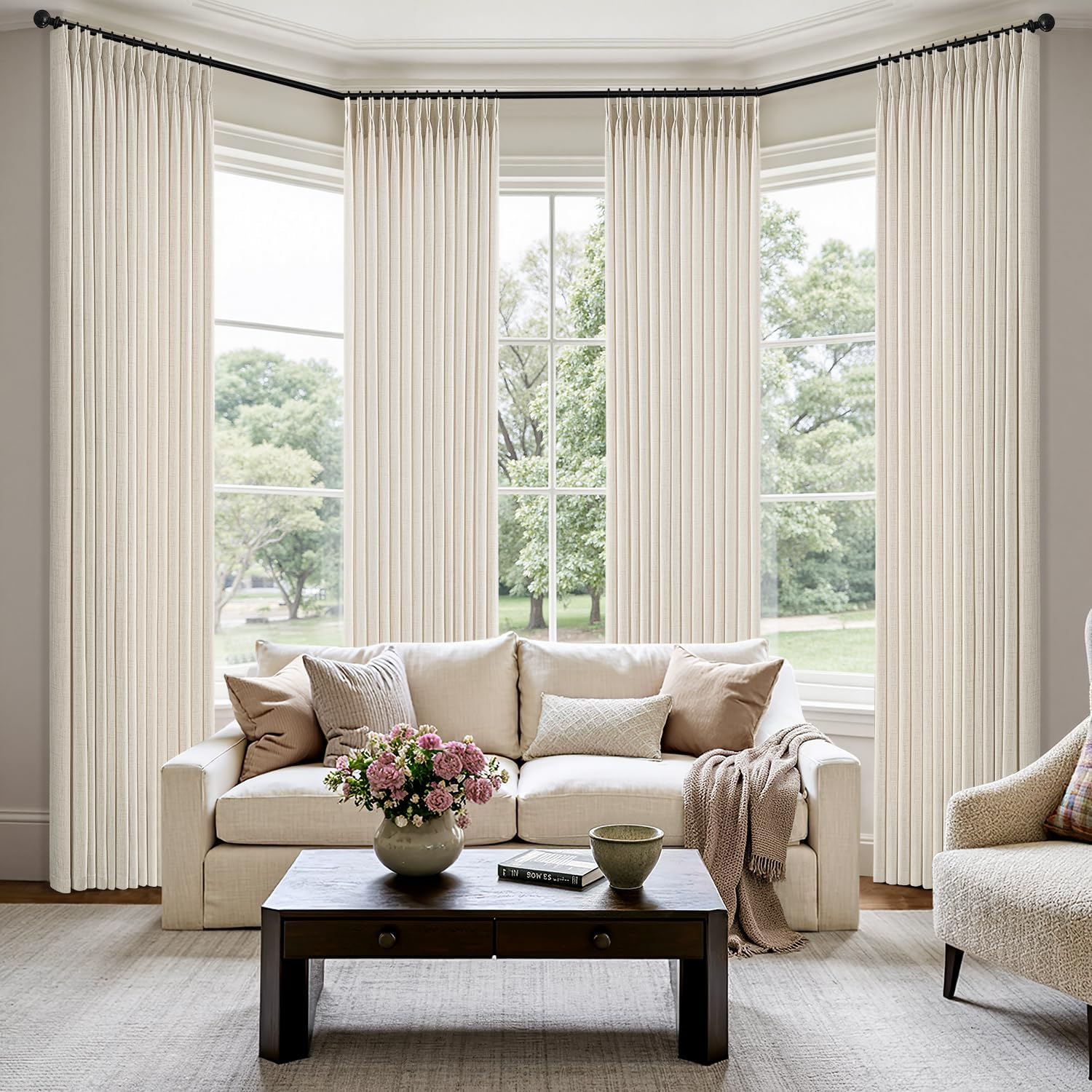 MIULEE Pinch Pleated Thick Linen Curtains - 90-Inch Ivory Cream Semi-Sheer Drapes | 4 Panels for Living Room & Bedroom