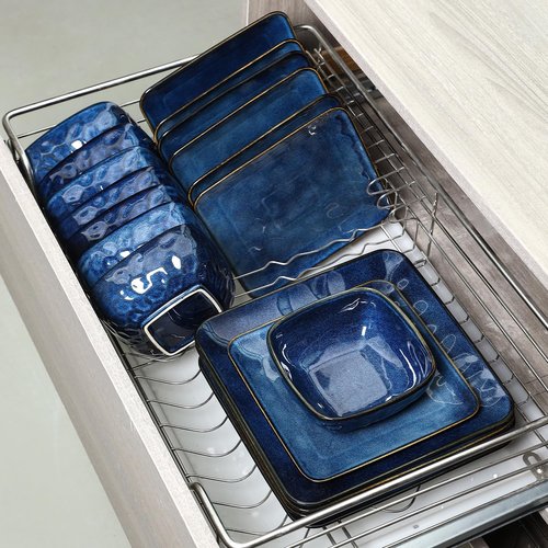 vicrays Ceramic Square 12 Pieces Dinnerware Set - Dinner Plates Salad Plates Cereal Bowls Set Service for 4 - Scratch Resistant Microwave Oven Dishwasher Safe - Blue