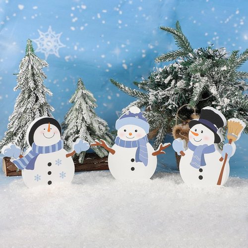 COCHIE Snowman Christmas Decorations - Cute Winter Tiered Tray Decor Set of 3 | Wooden Xmas Table Blocks