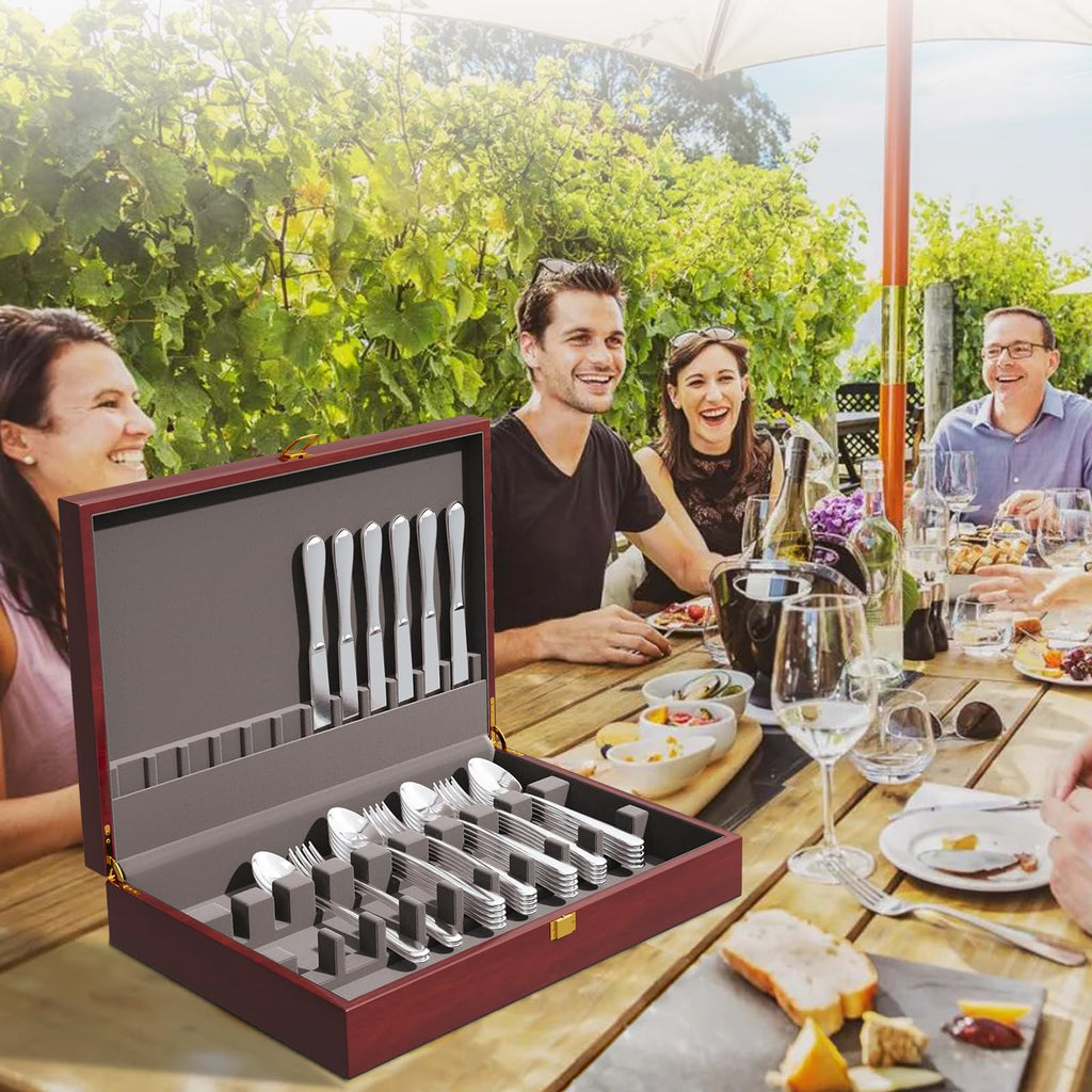 Mahogany Wood Silverware Storage Box,Silverware Case Flatware Chest with Felt Lined,Flatware Storage Box for 12 sets of Utensils,Silverware Chest without Silverware,Silverware Organizer with Lid