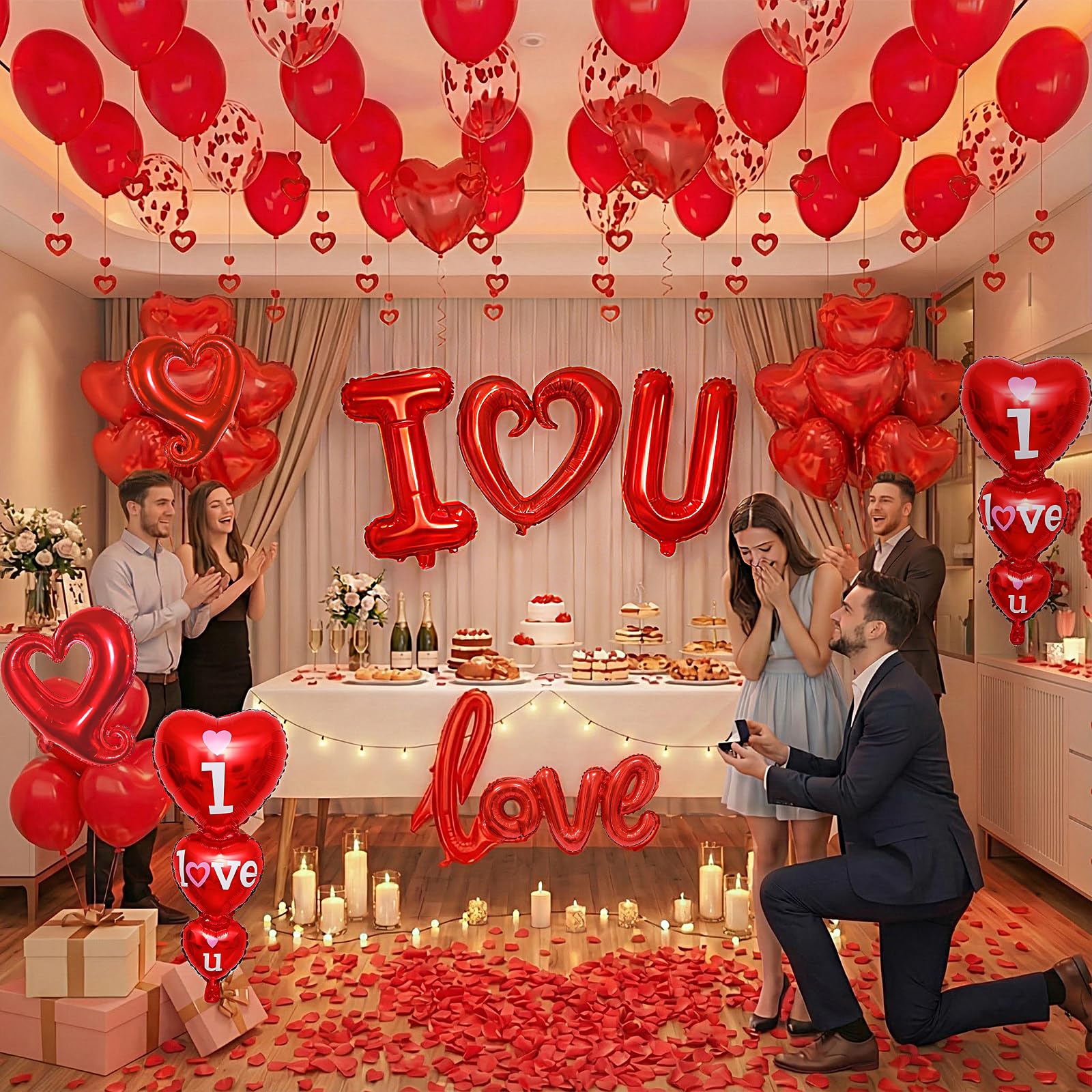 36in I Love You for Her/Him Balloons, 1126pcs Happy Anniversary Decorations with Red Heart Confetti Balloons Rose Petals, Heart Hanging for Valentines Anniversary Day Wedding Romantic Special Night
