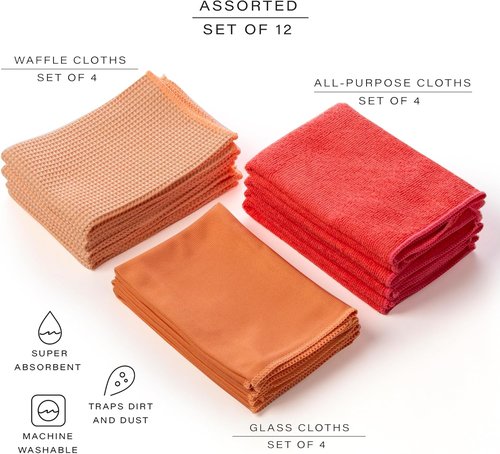 BINO Microfiber Cleaning Towels - Ultra Absorbent Red Ombre 15x15 Inches - 12 Pack All-Purpose Set