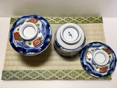 Japanese Ceramic Chawan-mushi Cups with Lid and Spoon D3.7 x H3.74 Inches, 7.1 Fl. Oz. Mino Ware Somenishiki Koimari, Set of 2 M6591 from Japan