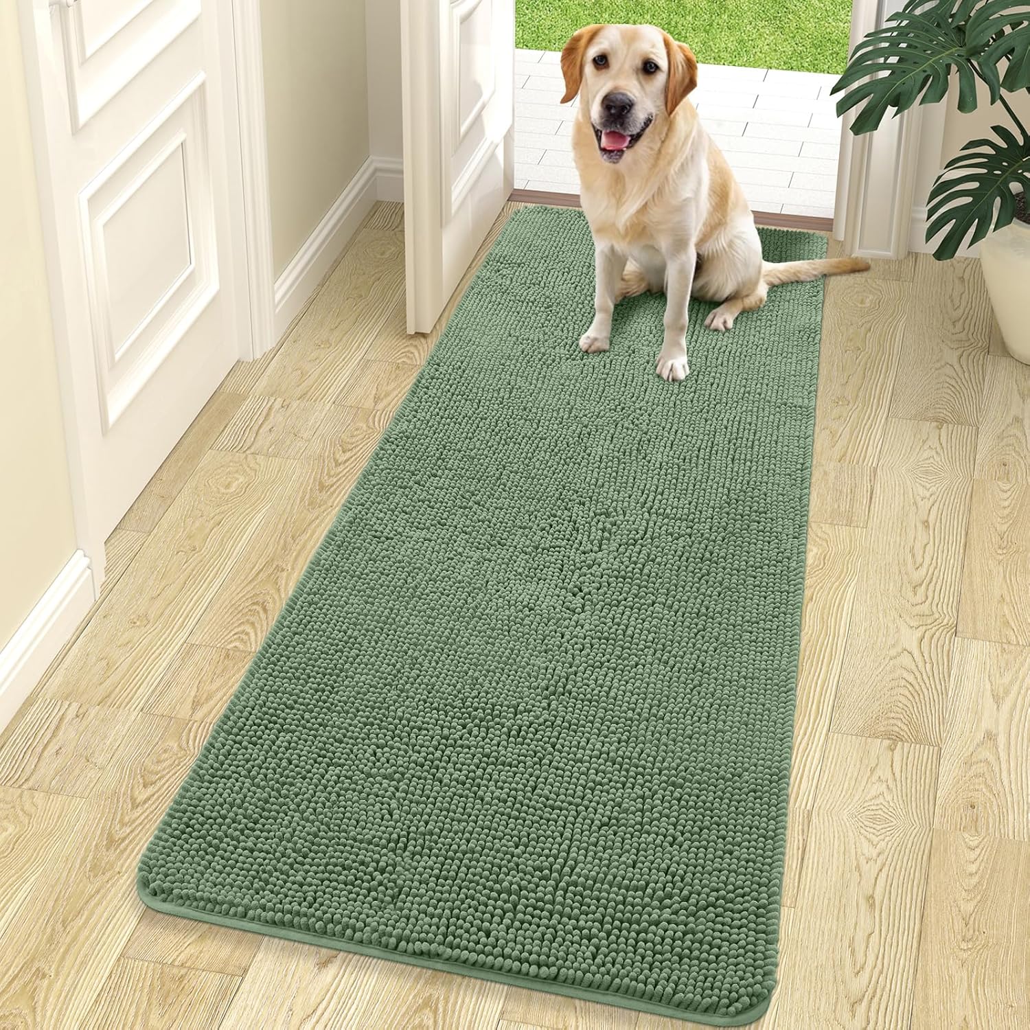 OLANLY Dog Door Mat - Absorbent Non-Slip Washable Doormat for Muddy Paws | 70x24, Olive Green