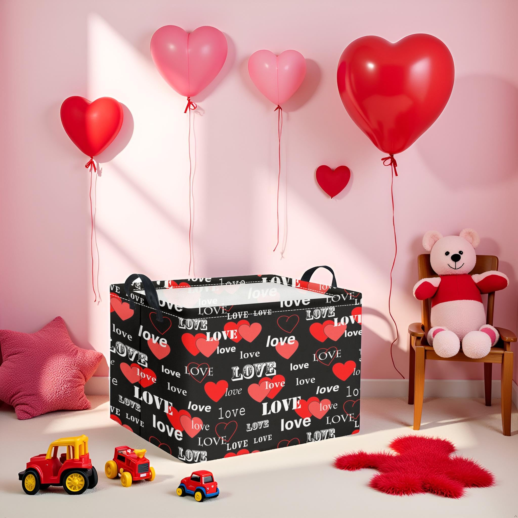 TIBAOLOVER Rectangular Valentines Basket for Home Kitchen Girls Cute Kids Storage Bin Organizer Shelf Book Room Decor(Black Red Love)
