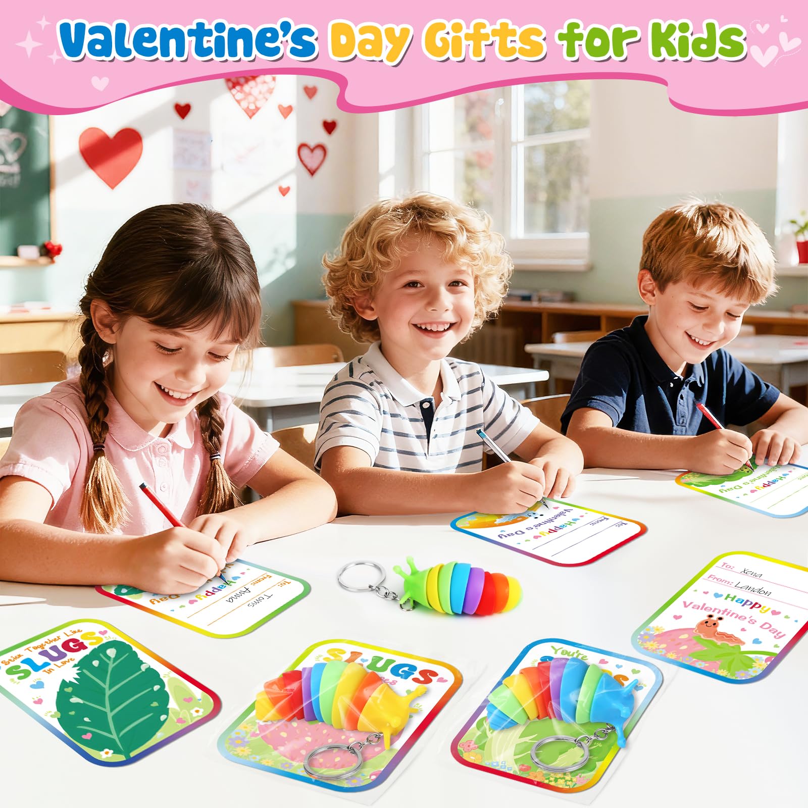 AuroTops Valentines Day Cards for Kids,24 Pack Cute Keychains Bulk Sensory Slug Fidget Toys with Valentines Cards for Boys & Girls Valentine's Day Classroom Gift Exchange,Kids Party Favors