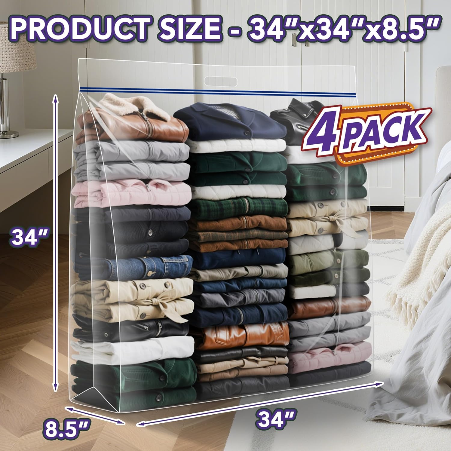 Skiennix Extra Large Clear Wreath Storage Bag - Durable Plastic with Handle | 34"x34"x8.5", 4 Pack for Holiday Decor & Bedding