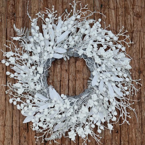 BINFEN 20 Inch Snow Flocked White Berry Winter Wreath with Twig & Leave- Artificial Christmas Wreaths for Front Door Porch Wall Window Porch Fireplace Outdoor Decor